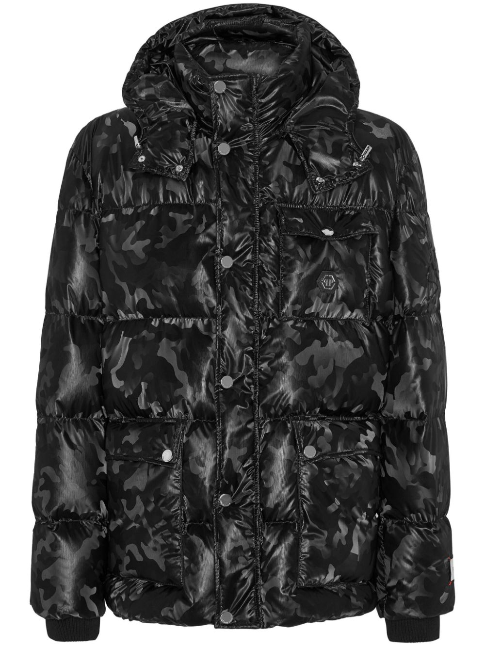 Philipp Plein Camouflage-print Hooded Puffer Jacket In Black