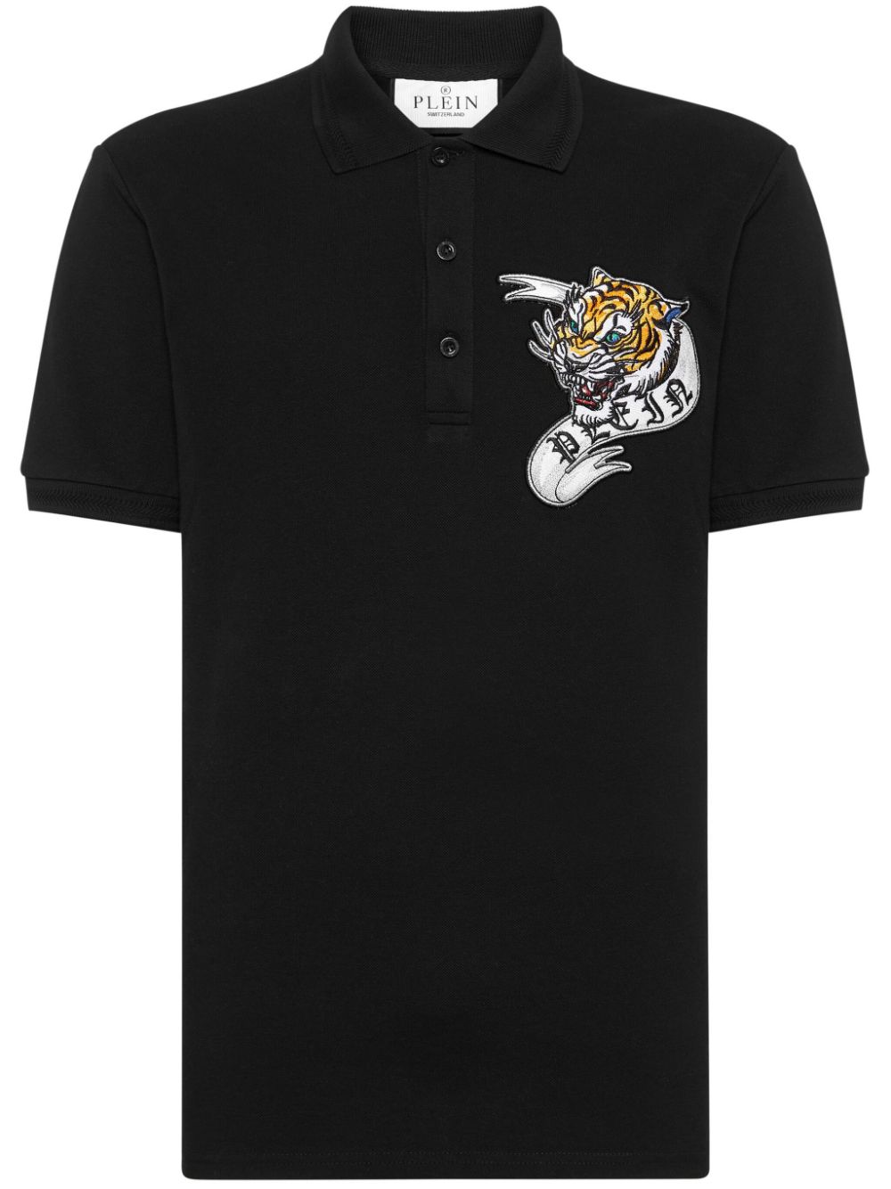 Philipp Plein Tiger-appliqué Cotton Polo Shirt In 黑色
