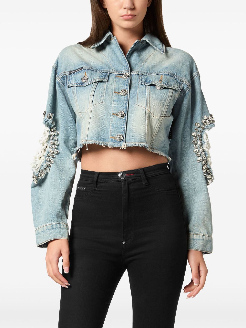 Philipp Plein Cropped jack met stras - Blauw