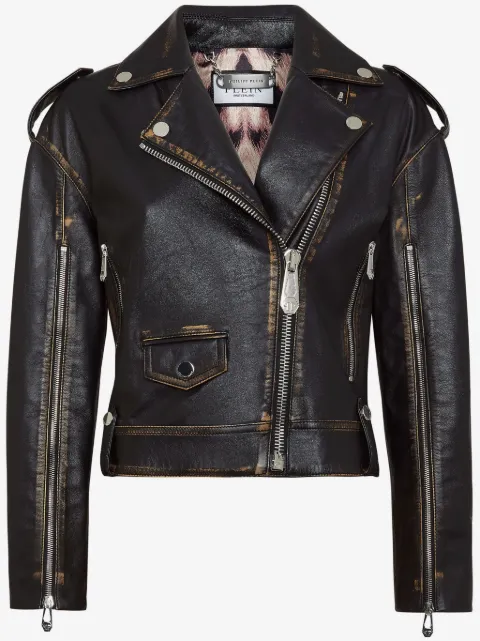 Philipp Plein logo-lettering leather biker jacket