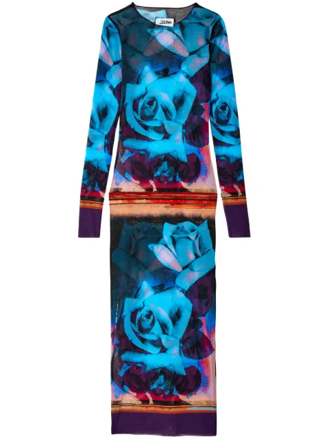 Jean Paul Gaultier rose-print mesh midi dress
