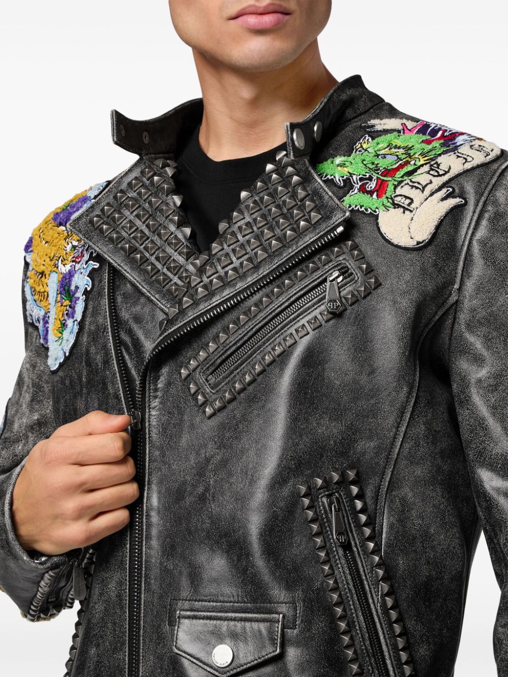 Cheap Philipp Plein tattoo-print biker jacket Men