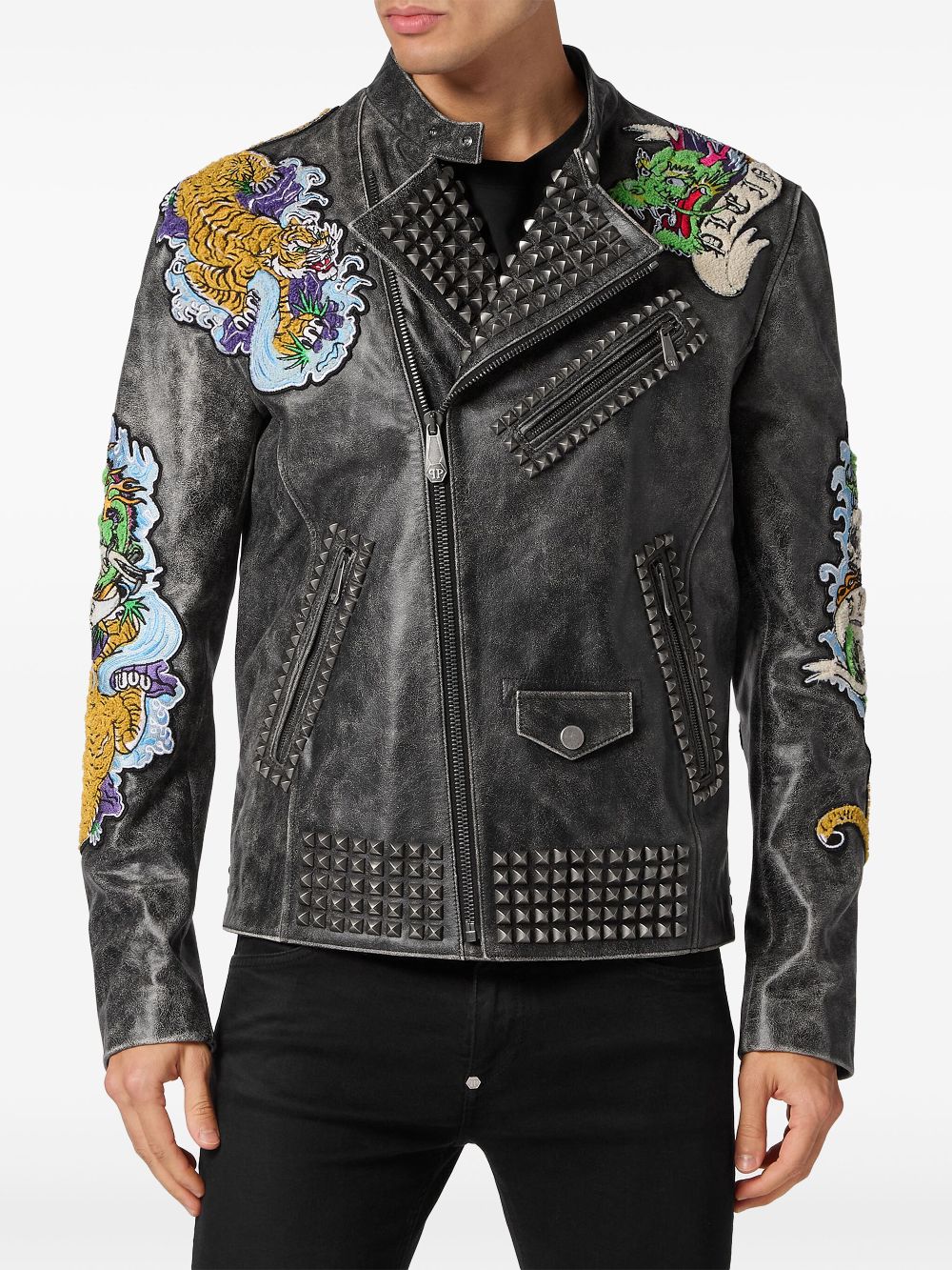 Cheap Philipp Plein tattoo-print biker jacket Men