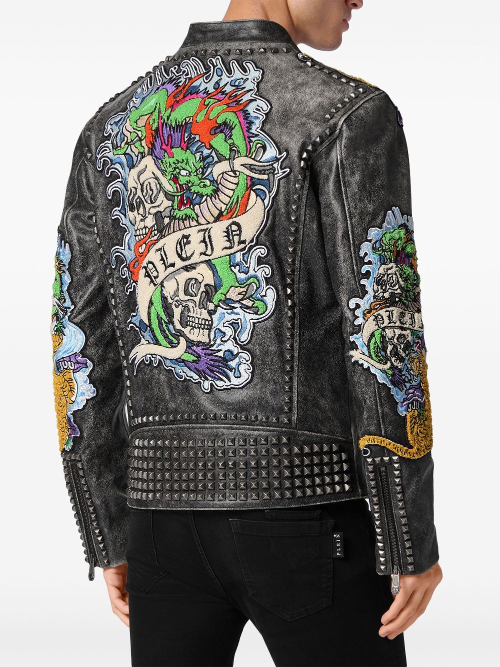 Cheap Philipp Plein tattoo-print biker jacket Men