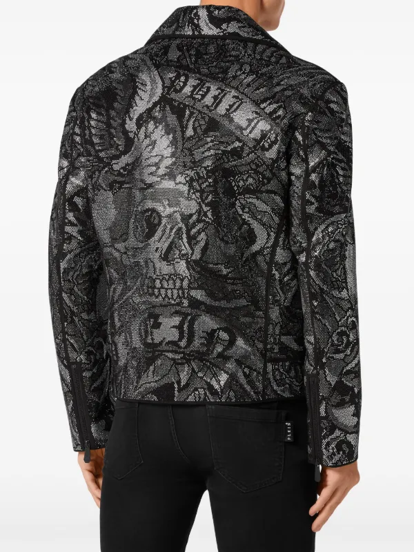 ダウン　ベロア　レイヤード　切替　PHILIPP PLEIN ライダース Philipp Plein プリント ライダースジャケット | ブラック | FARFETCH JP