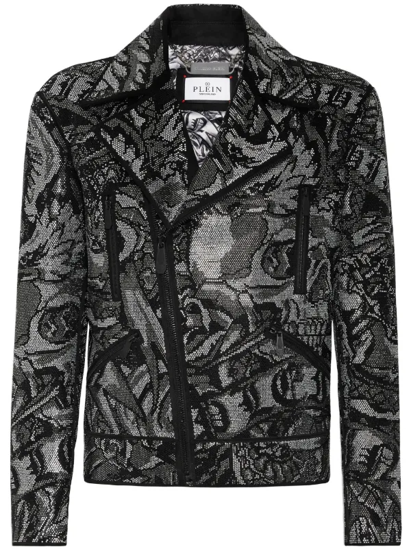 ブラックレザージャケット XLフィリッププレイン Philipp Plein プリント ライダースジャケット | ブラック