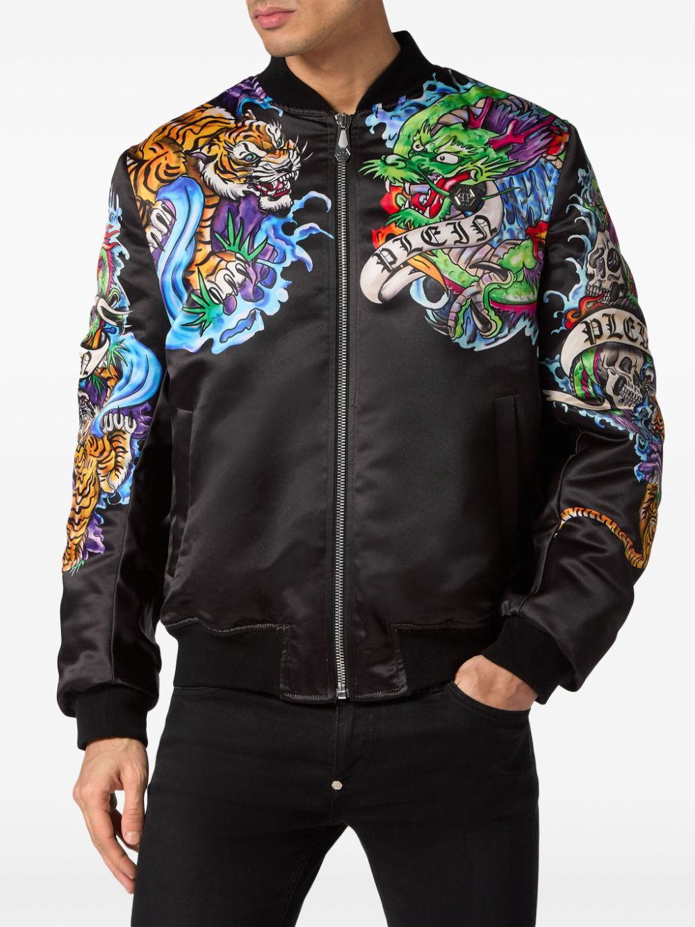 Shop Philipp Plein Tattoo-print Satin Bomber Jacket In Black