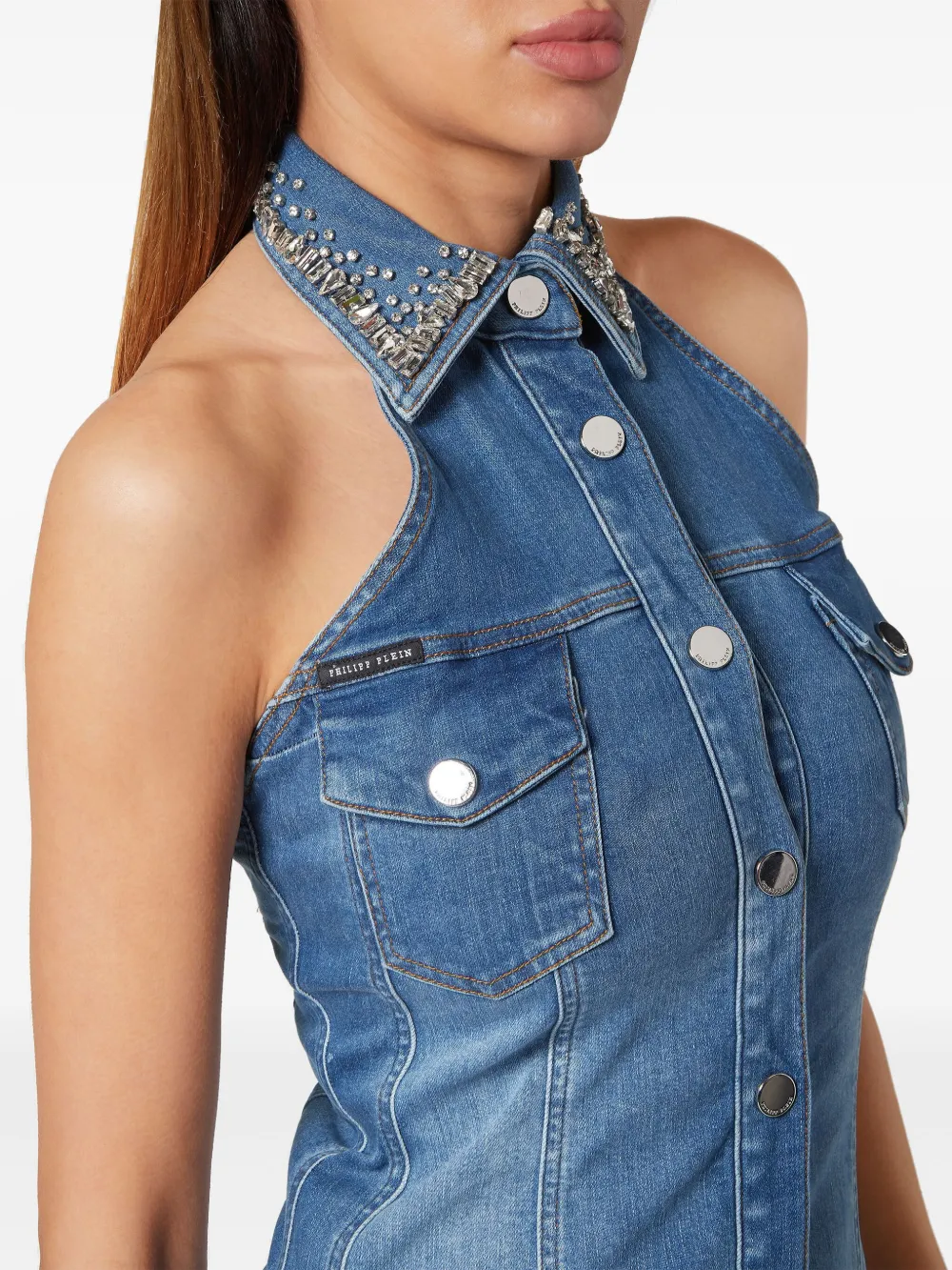 PHILIPP PLEIN CRYSTAL-EMBELLISHED DENIM MINIDRESS 