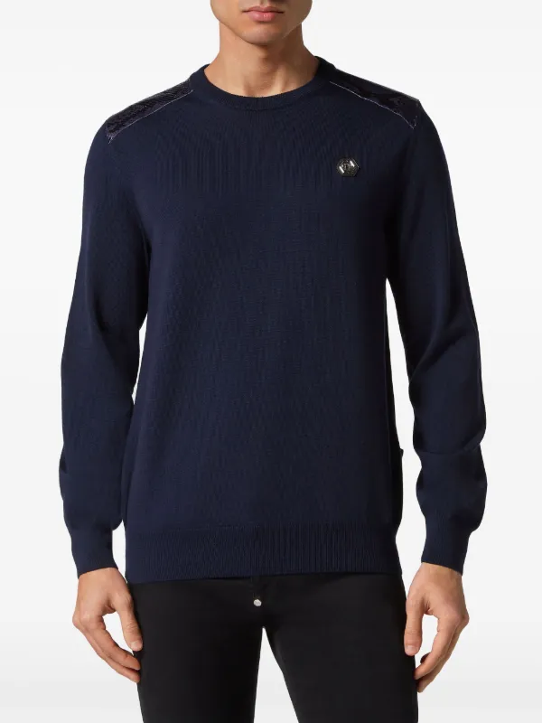 Philipp Plein Maglione Con Applicazione Sui Gomiti Blu FARFETCH IT