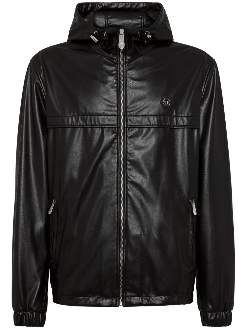 Philipp Plein Logo-appliqué Hooded Leather Jacket In Gray