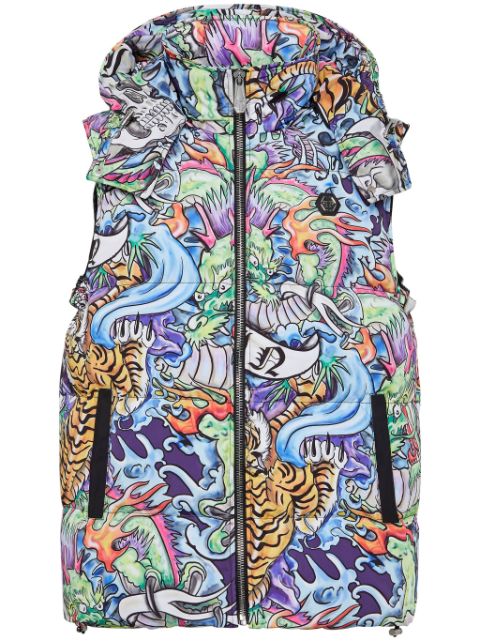 Philipp Plein tattoo-print hooded puffer gilet Men