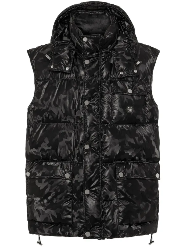 Philipp Plein camouflage-print Hooded Puffer Gilet Black