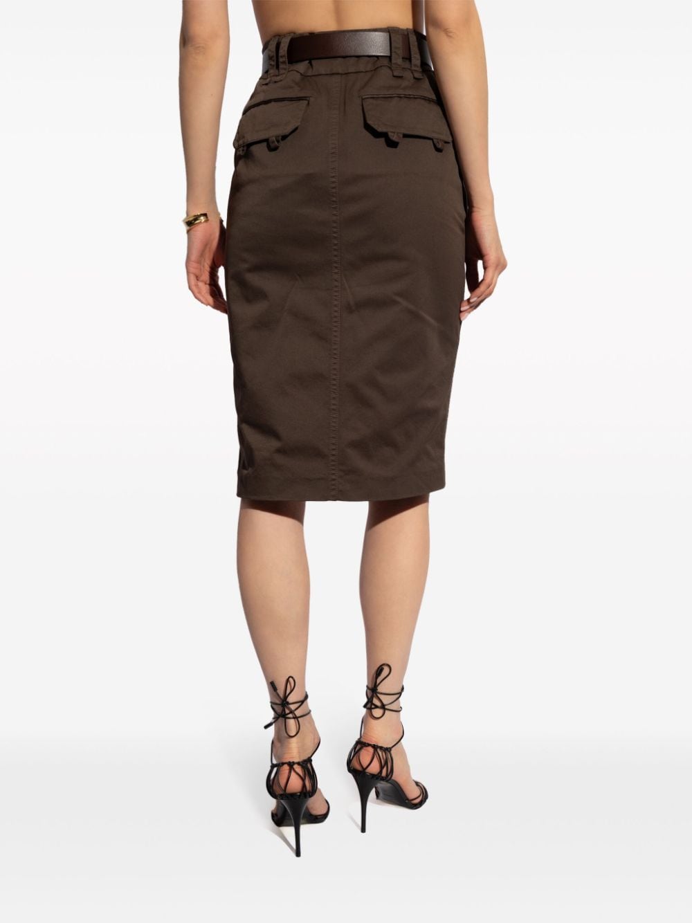Shop Saint Laurent Belted High-waisted Skirt In Brown