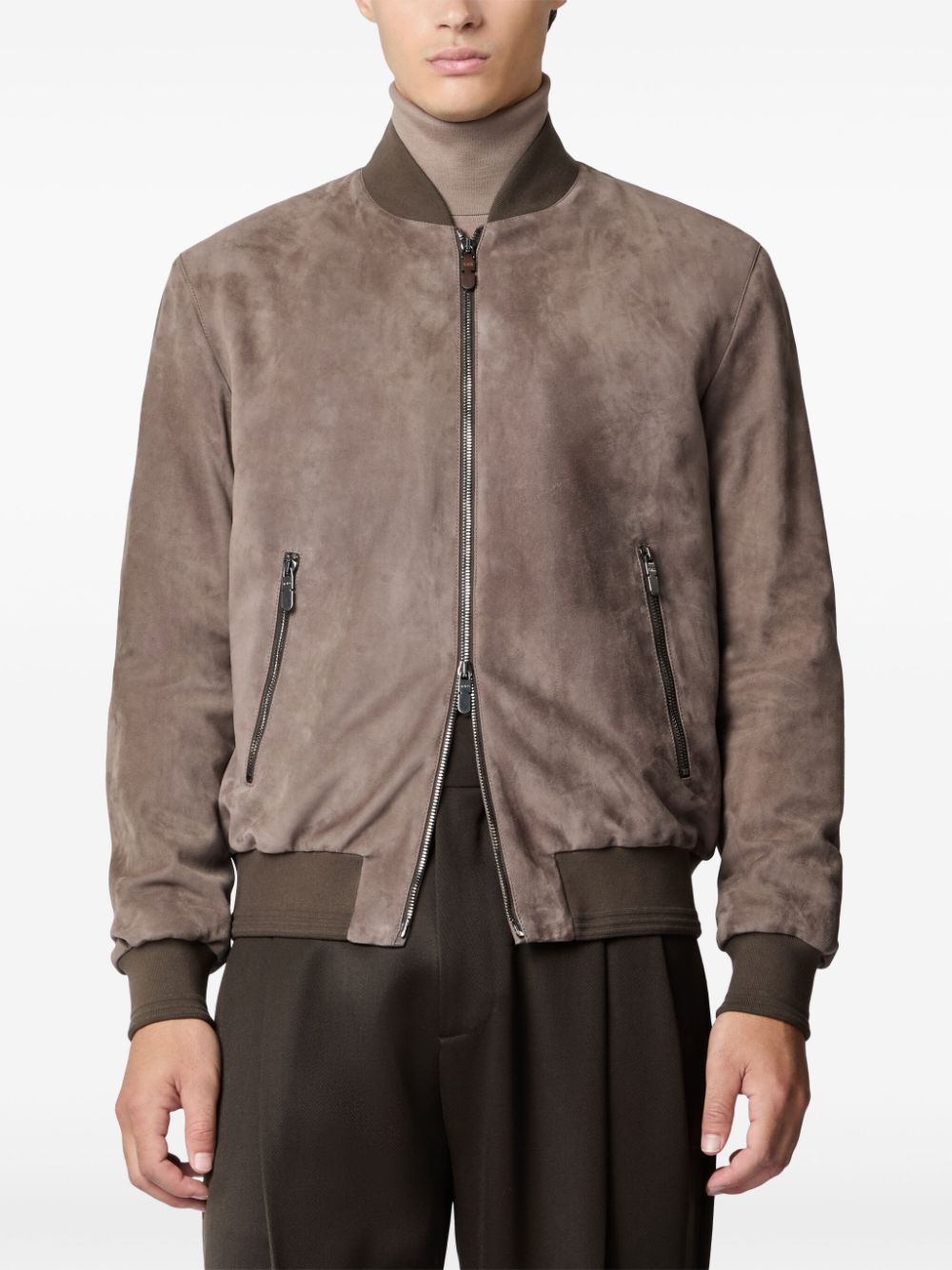 Shop Tod's Suede Bomber Jacket In Brown