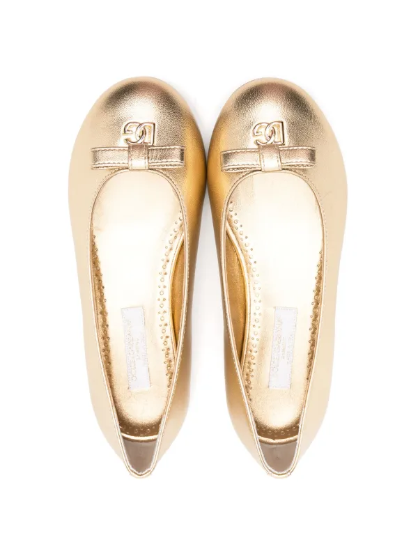 Dolce & Gabbana Kids logo-plaque Leather Ballerina Shoes | Gold 