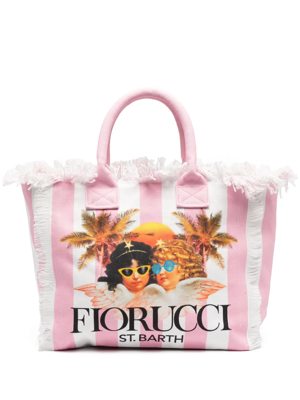 Mc2 Saint Barth Vanity Canvas Shoulder Bag With White And Pink Stripes And Fiorucci Angels Print Fiorucci Special Ed