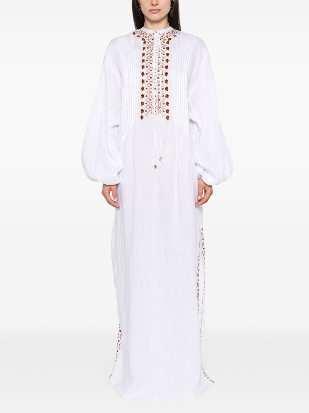 Shop Ermanno Scervino Decorative-stitching Linen Maxi Dress In 白色
