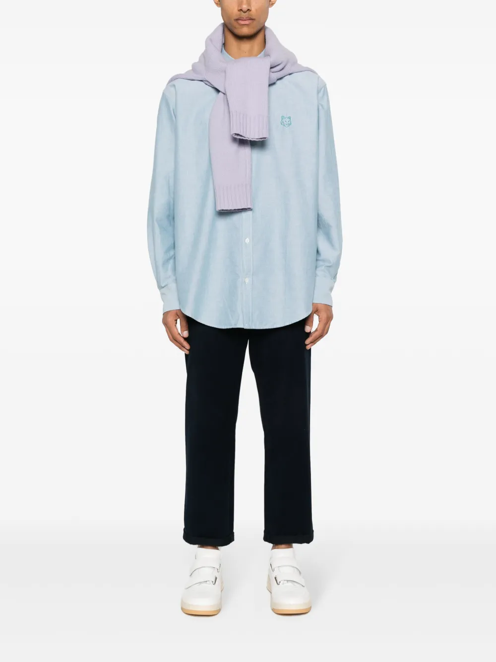 Shop Maison Kitsuné Contour Fox Head-embroidery Cotton Shirt In Blue