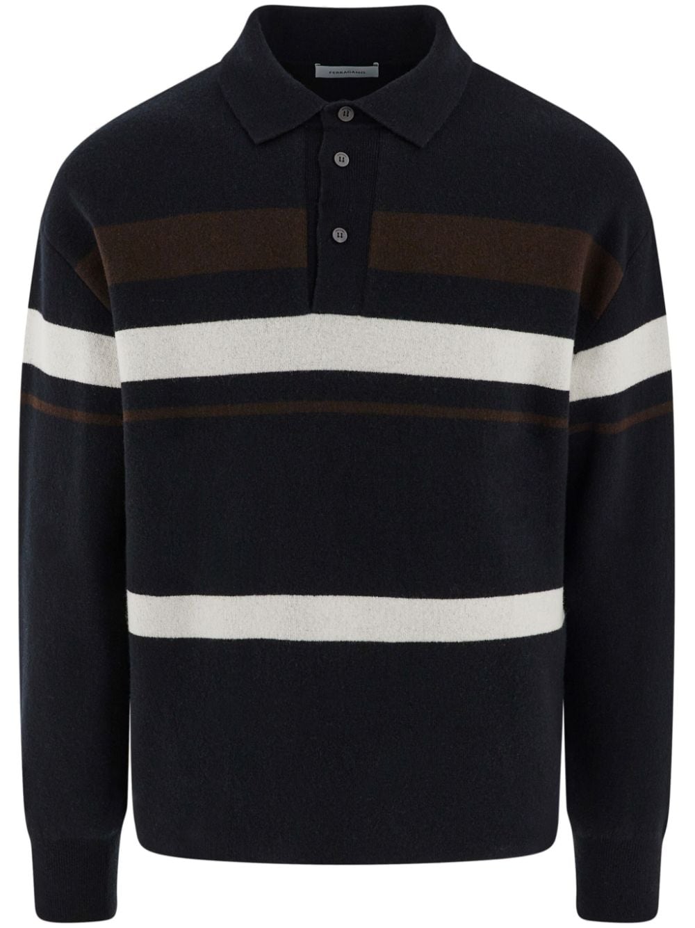 Ferragamo Striped Long-sleeve Polo Shirt In Black