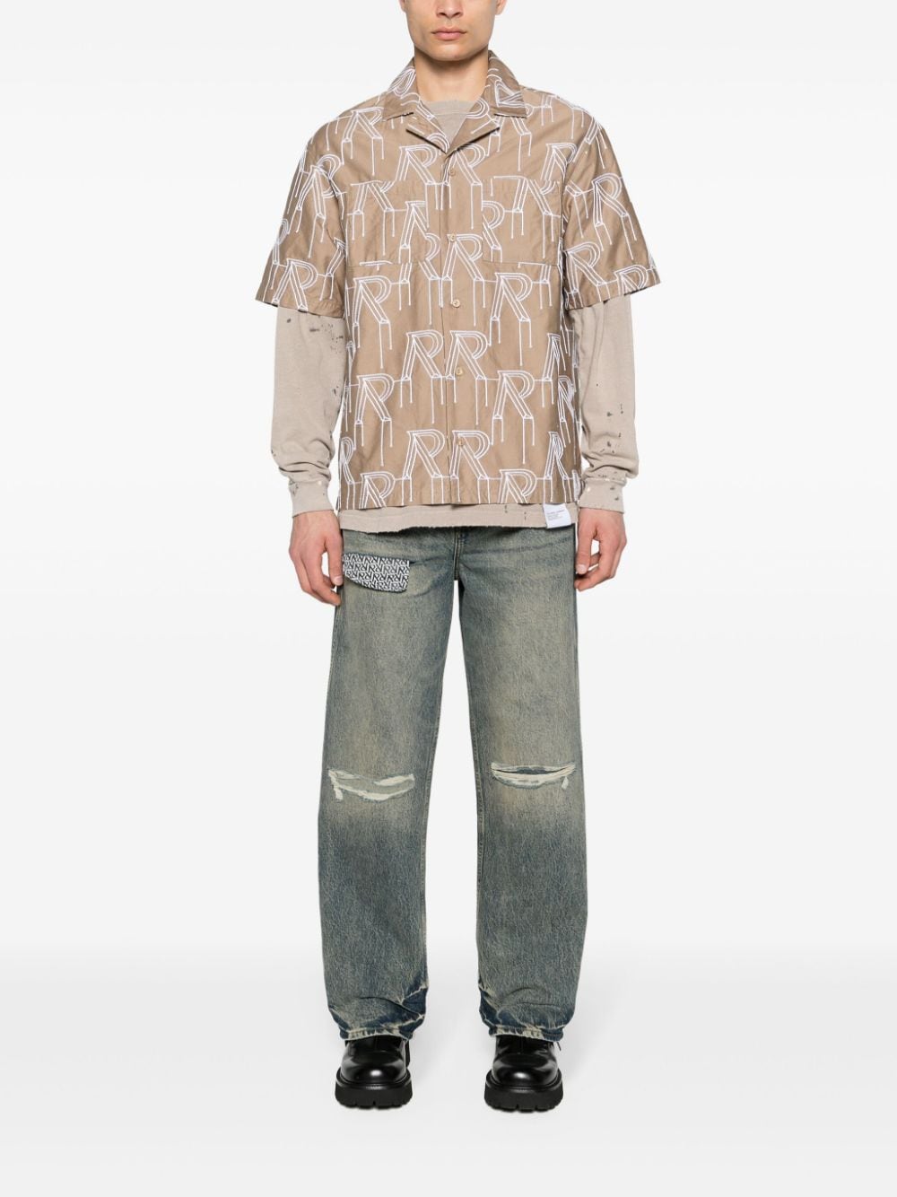 Shop Represent Logo-embroidered Cotton Overshirt In Neutrals