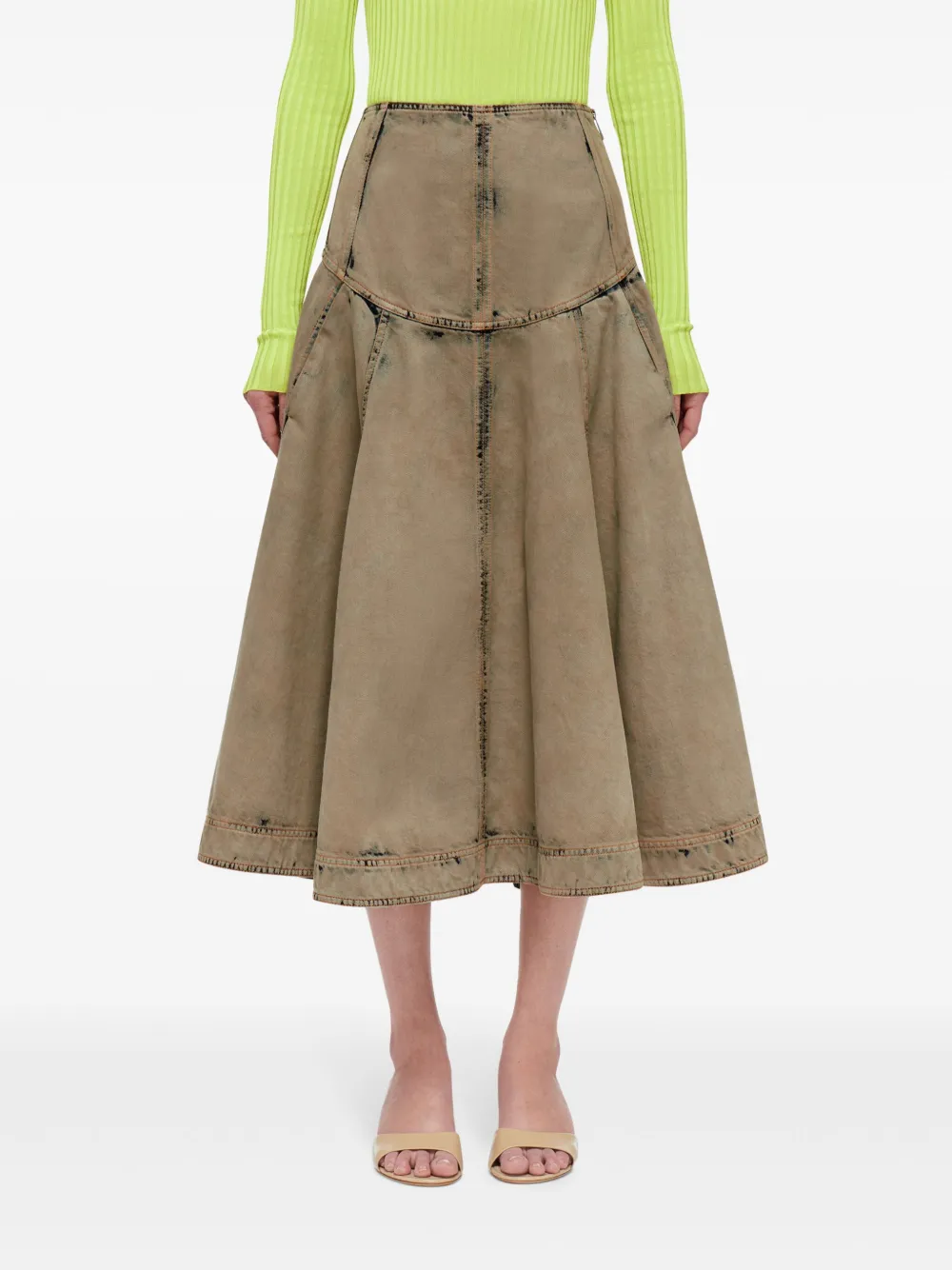 Shop Ferragamo Bleach-wash Denim Midi Skirt In Green