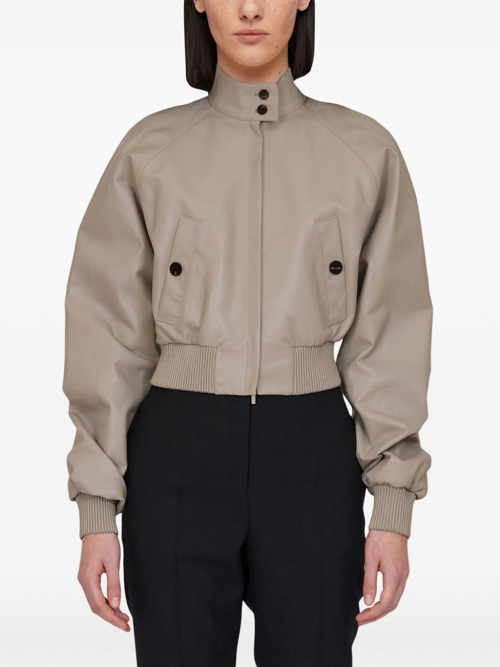 Shop Ferragamo Cropped Nappa Bomber Jacket In Grey