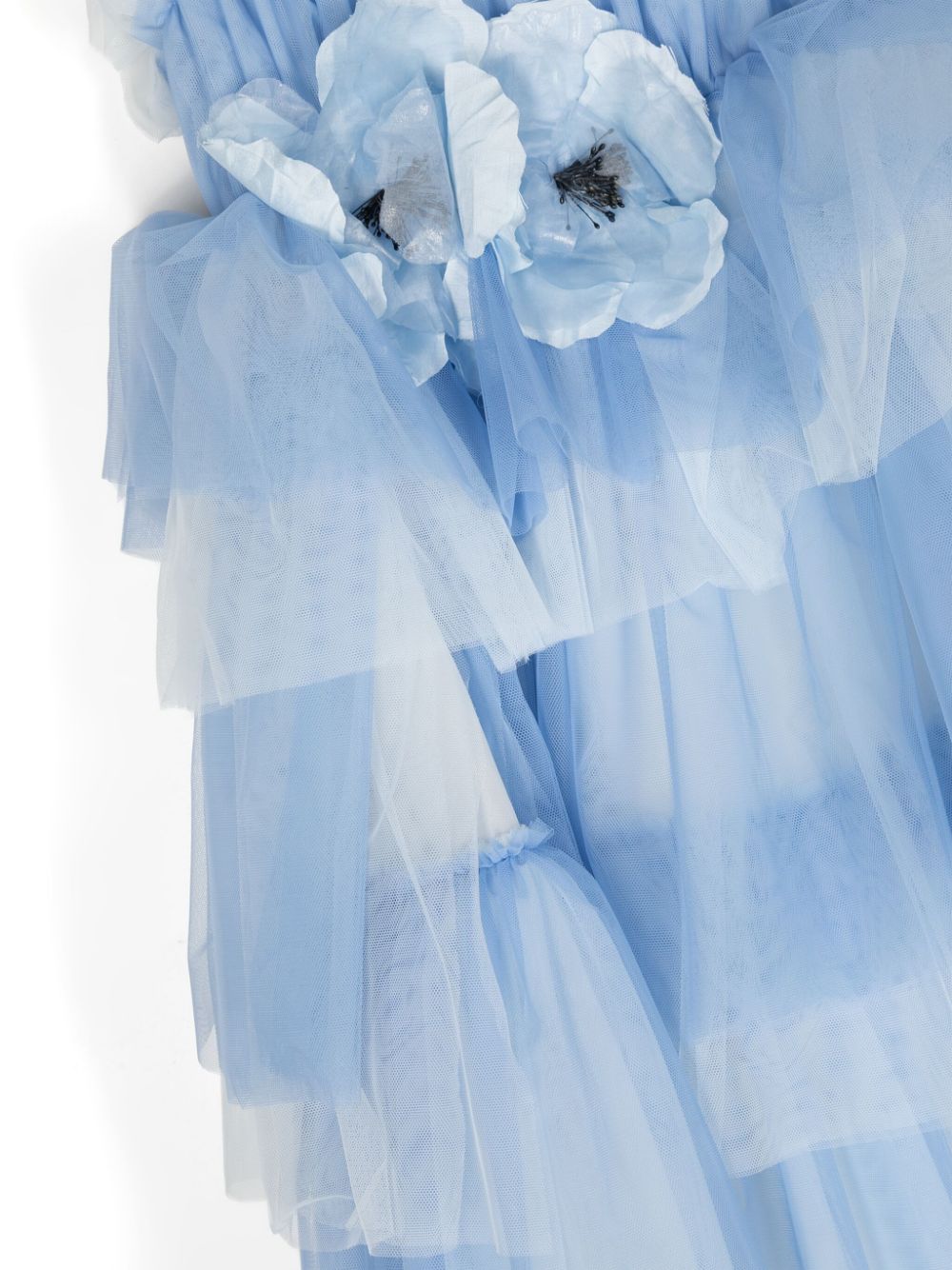 Shop Marchesa Couture Floral-appliqué Ruffled Dress In Blue