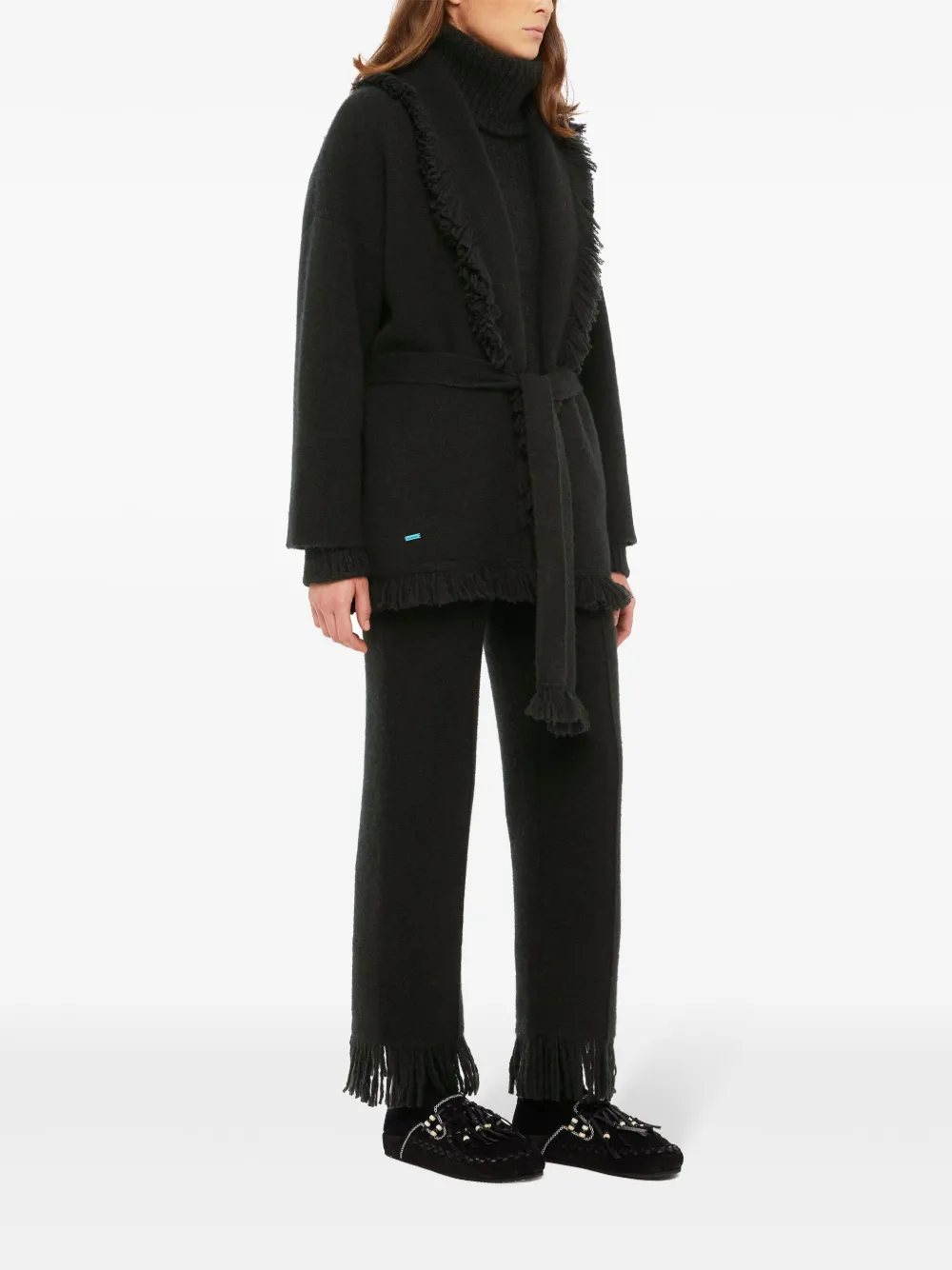 Alanui Luxe Fringed Long Shawl Collar Knitwear In Black