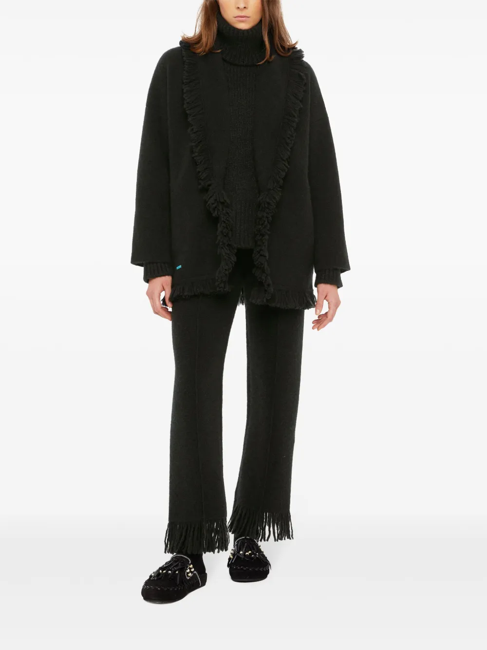 Alanui Luxe Fringed Long Shawl Collar Knitwear In Black