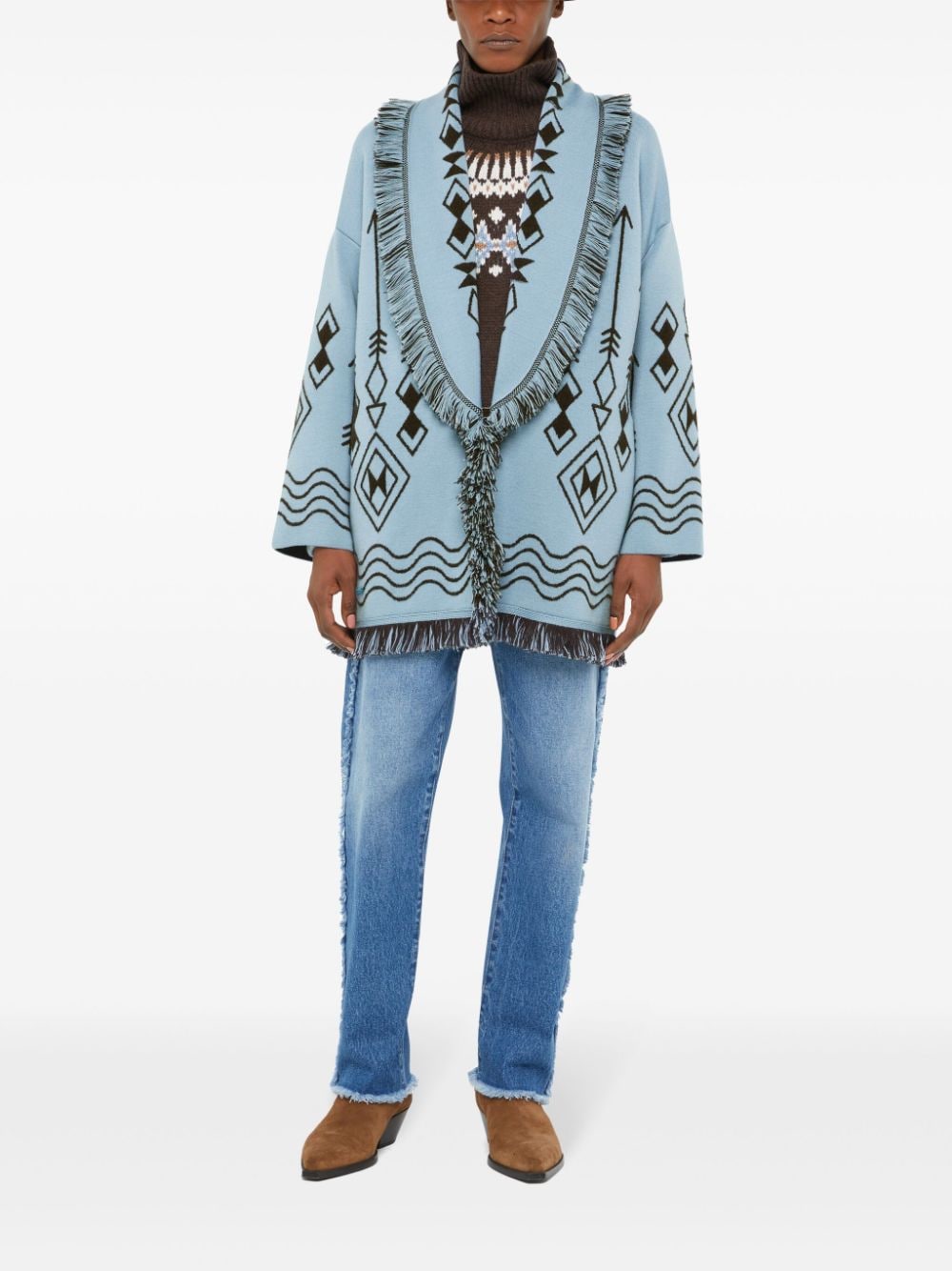 Shop Alanui Patterned-jacquard Cashmere Cardigan In Blue