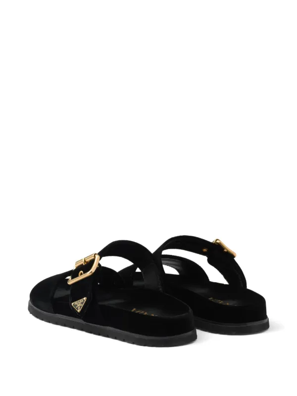 【関税＆送料込み】Prada Triangle-Logo Velvet Slides Prada triangle-logo Velvet Slides | Black | FARFETCH GE