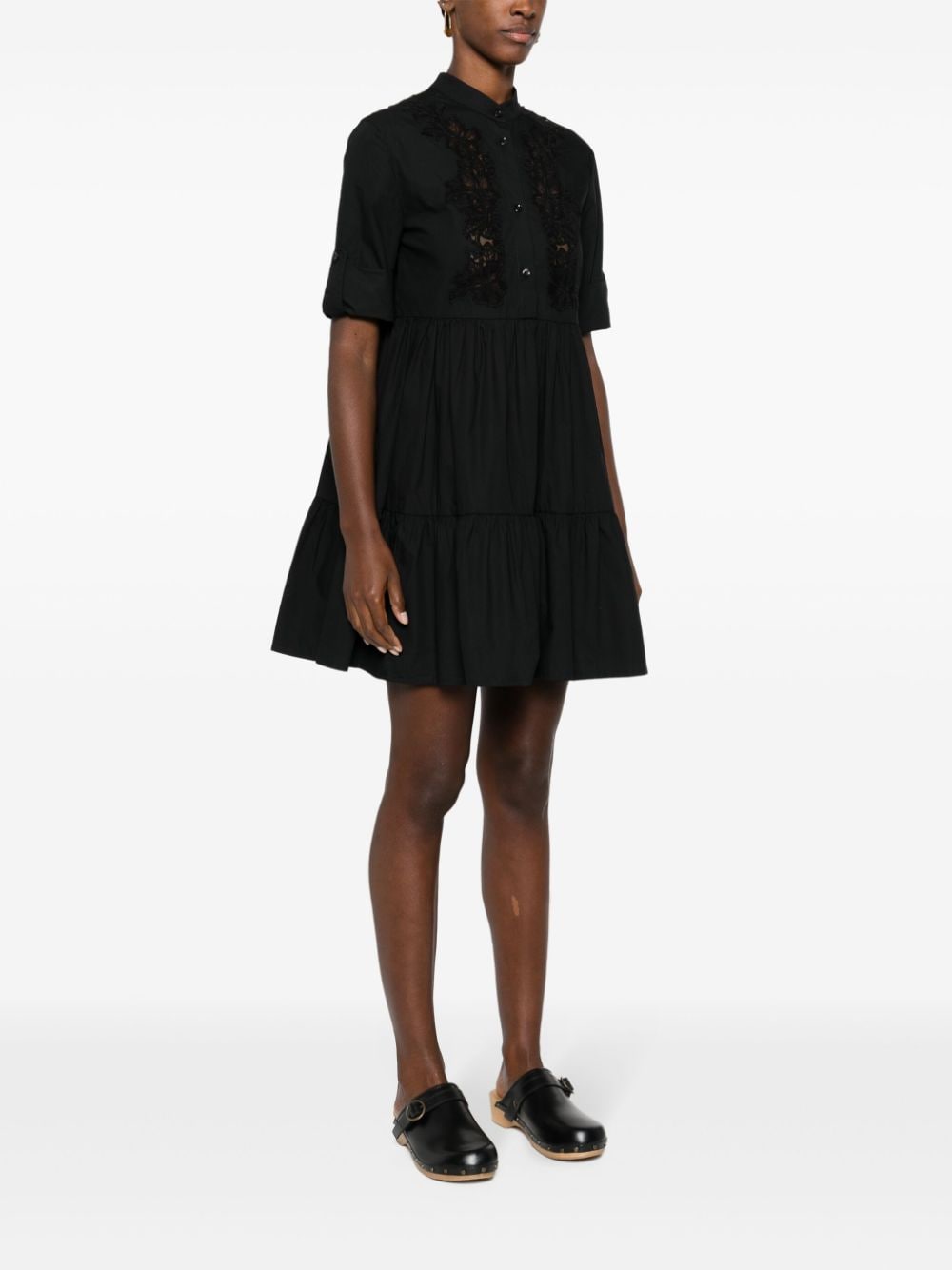 Shop Ermanno Firenze Lace-detail Cotton Dress In 黑色