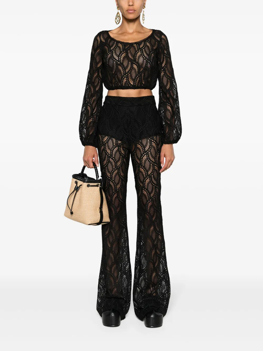 Shop Ermanno Scervino Macramé Flared Trousers In Schwarz