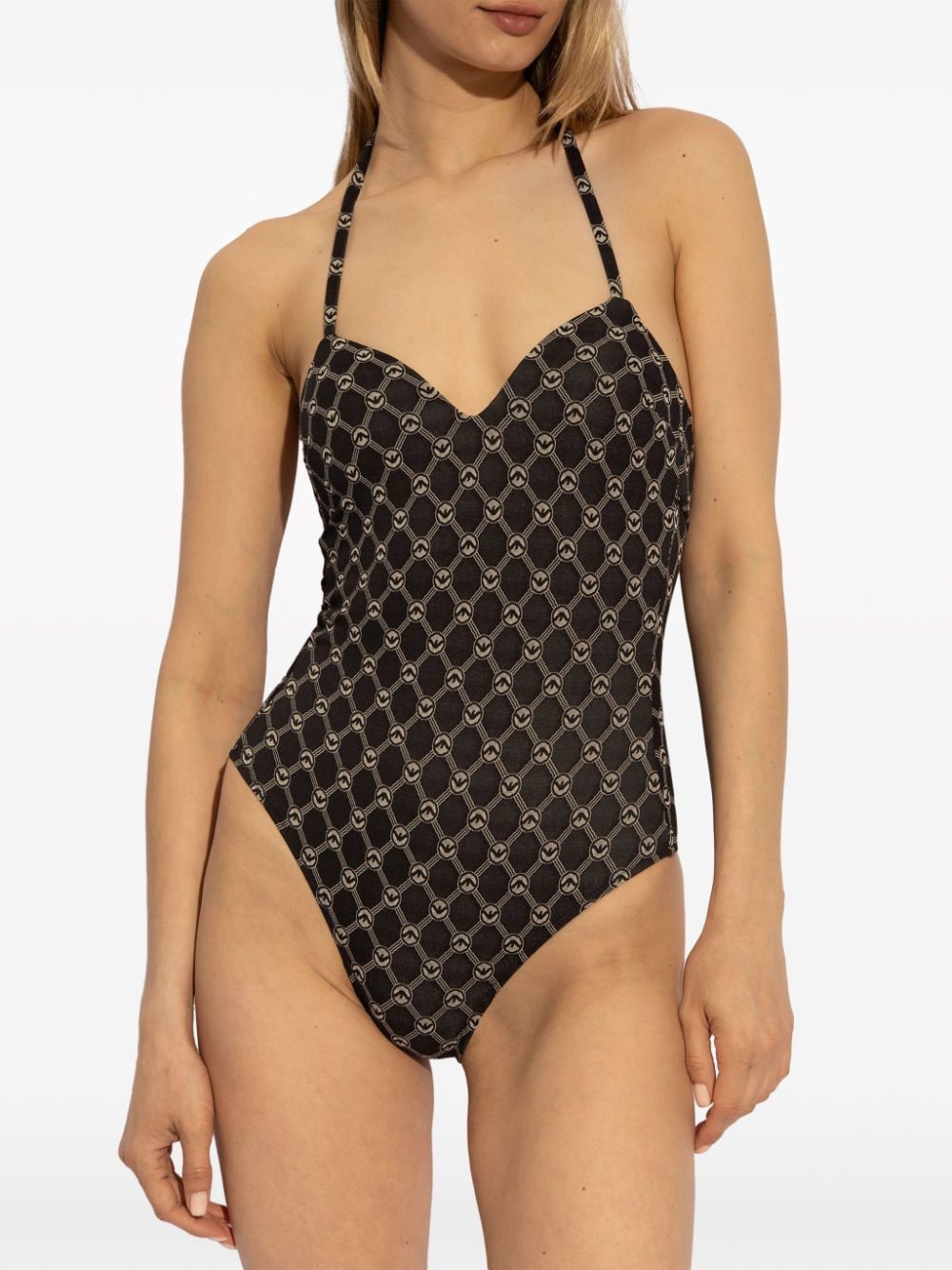 Shop Emporio Armani Monogram-print Halterneck Swimsuit In Black
