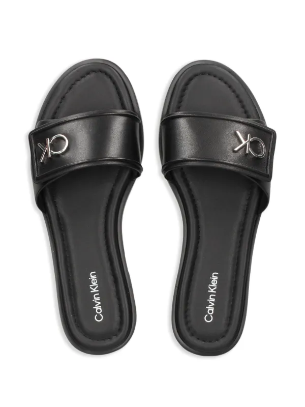 Calvin Klein logo plaque Leather Slides Black FARFETCH