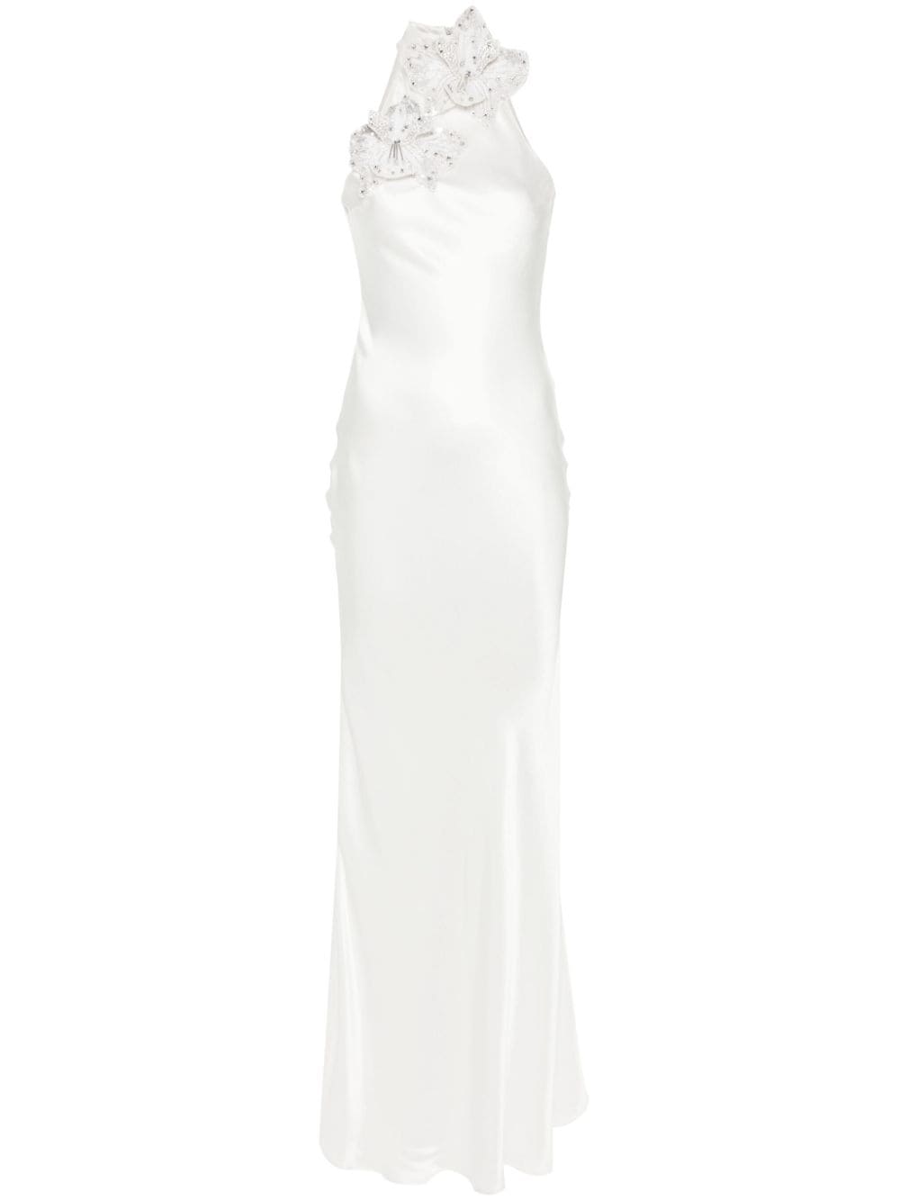 Amen Floral-appliqué Satin Dress In White