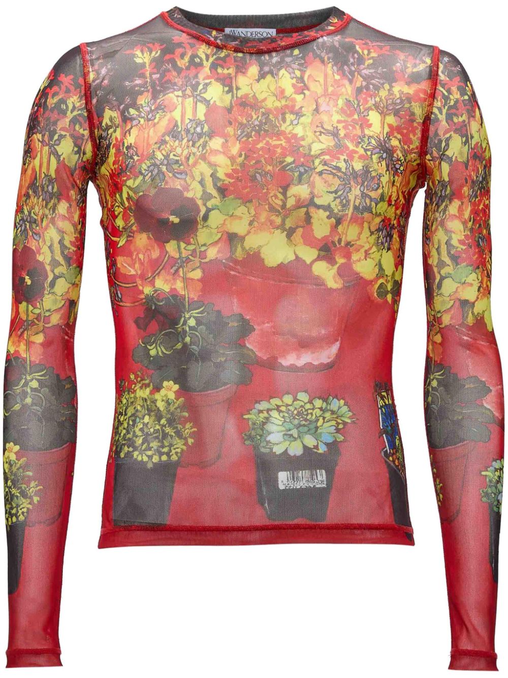 Jw Anderson Semi-sheer Graphic-print Long-sleeve T-shirt In Red