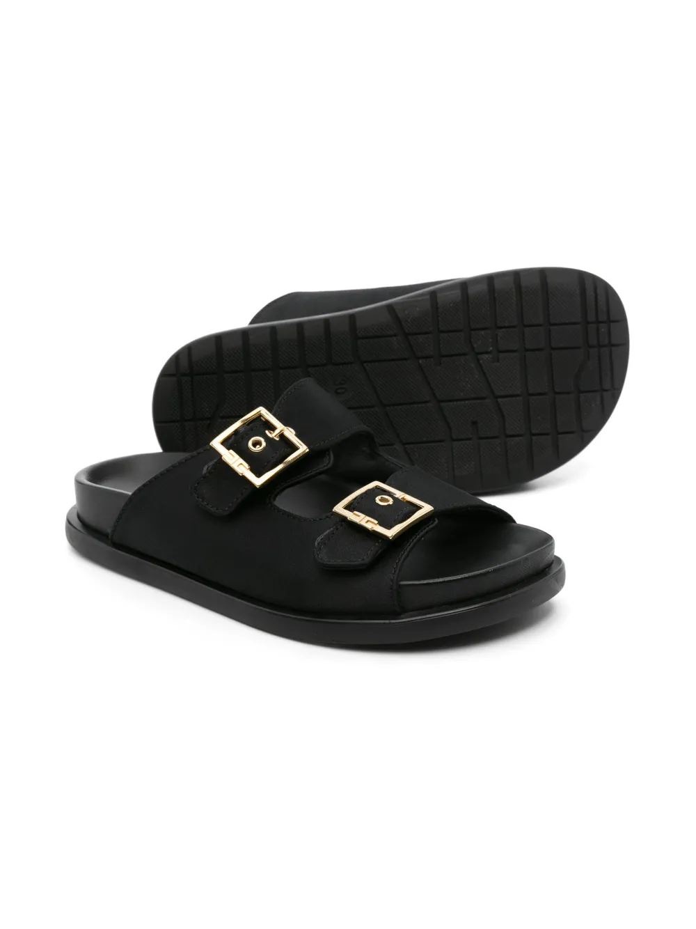 Shop Elisabetta Franchi La Mia Bambina Buckled Satin Slides In Black