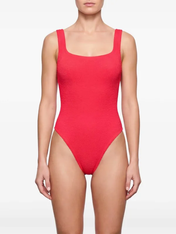 Hunza G Square Neck Textured Swimsuit | Red | FARFETCH