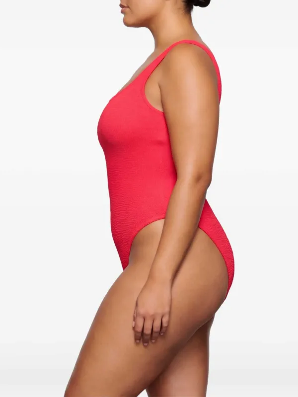 Hunza G Square Neck Textured Swimsuit | Red | FARFETCH