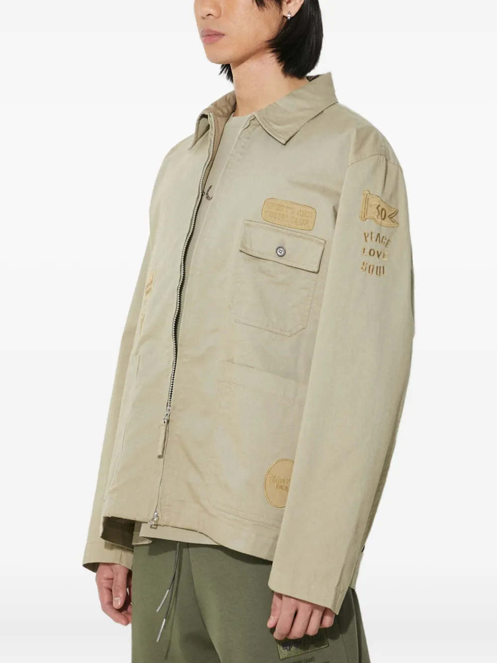 Universal Works Embroidered-patches Collared Jacket In Neutral