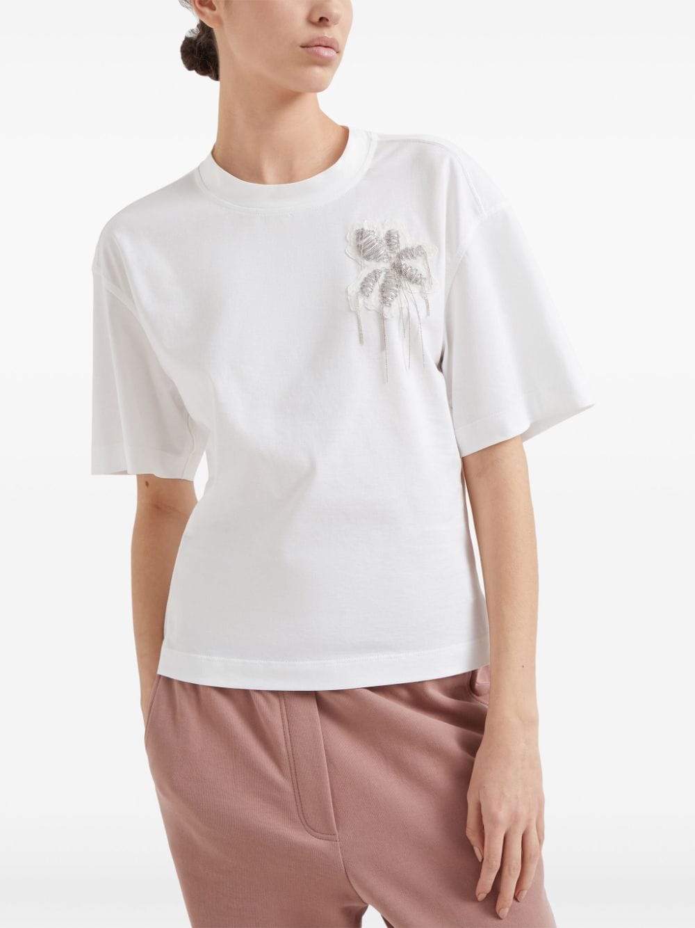 Shop Brunello Cucinelli Bead-embellished Cotton T-shirt In White