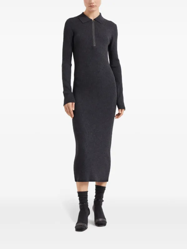 Brunello Cucinelli Monili-trim Ribbed Midi Dress | Black