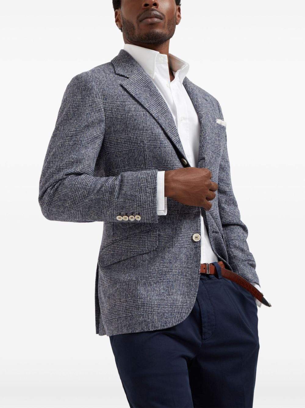 Shop Brunello Cucinelli Single-breasted Checked Blazer In Blue