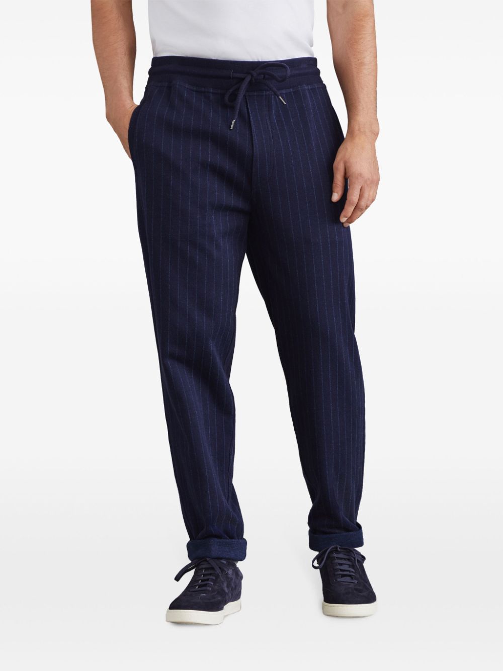 Shop Brunello Cucinelli Pinstriped Mid-rise Track Trousers In Blue