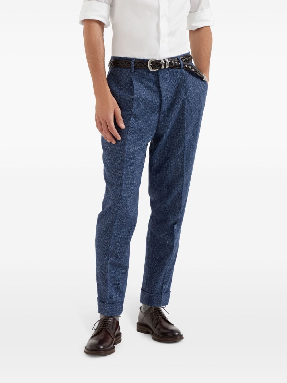 Shop Brunello Cucinelli Mélange-effect Tailored Trousers In Blue