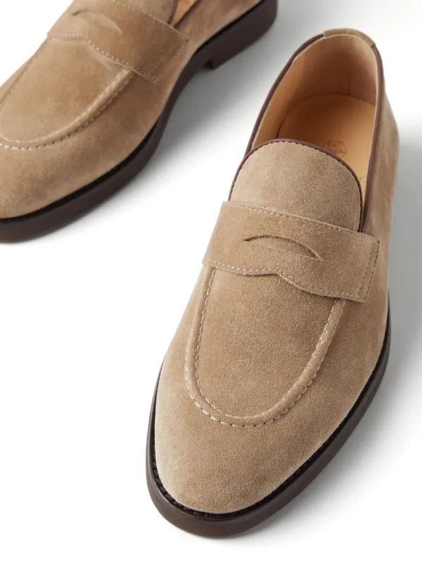 ローファー・オックスフォード BRUNELLO CUCINELLI SUEDE PENNY SAIL LOAFER WITH SHINY AGLETS Brunello Cucinelli penny-slot Suede Loafers | Neutrals