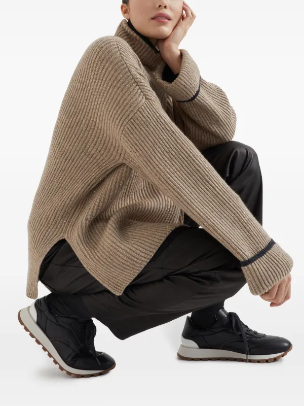 Brunello Cucinelli Monili-chain Leather Sneakers | Black