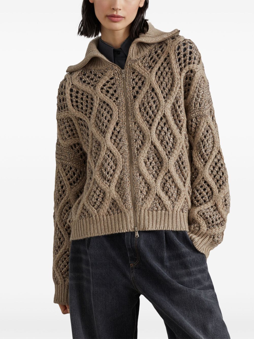 Shop Brunello Cucinelli Zipped Open-knit Cardigan In Brown