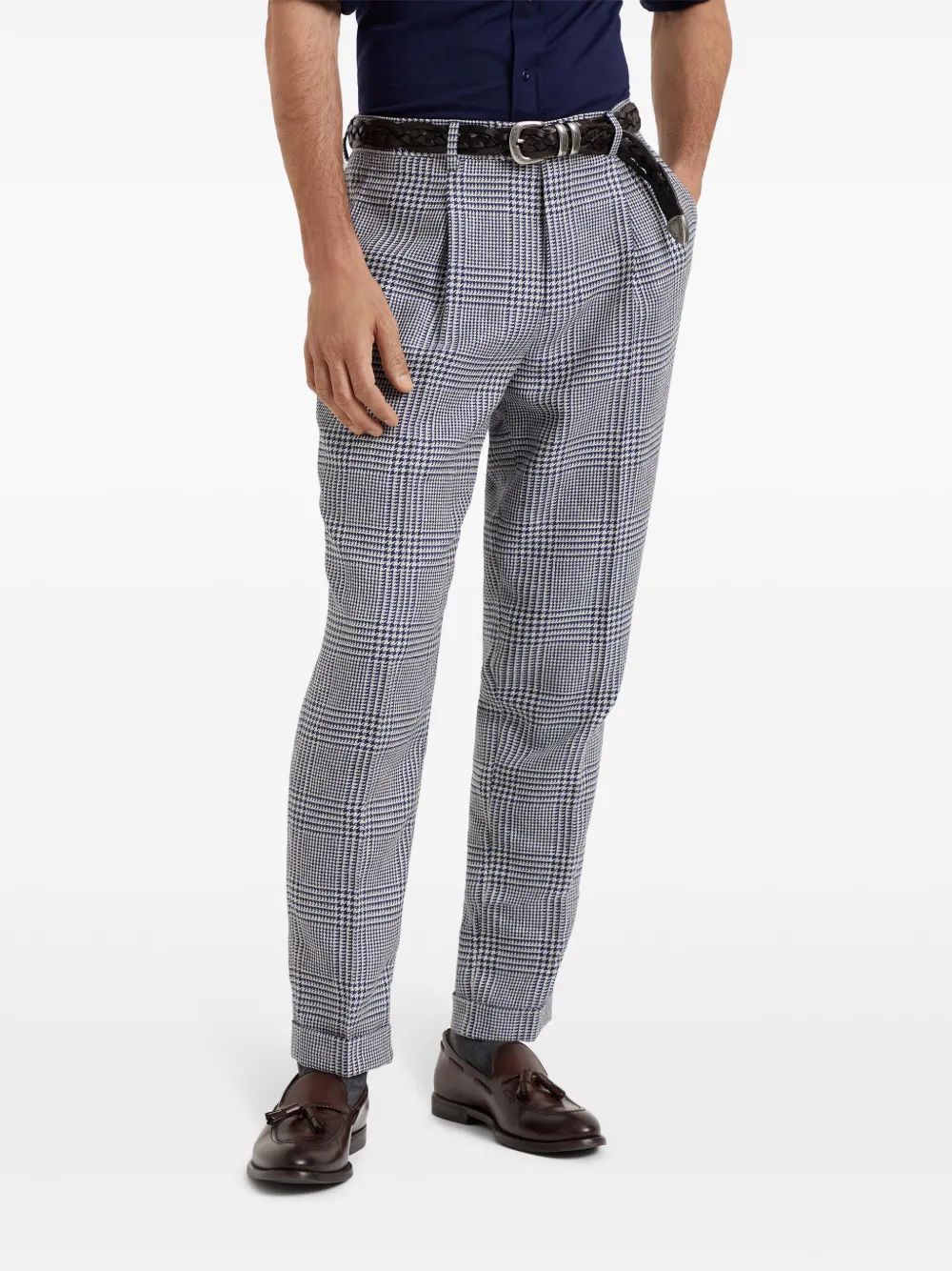 Brunello Cucinelli Geruite broek met toelopende pijpen Blauw